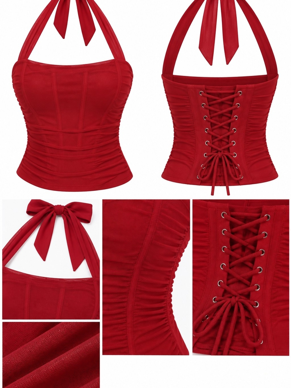 Red Halter Lace-Up Corset Top - Women